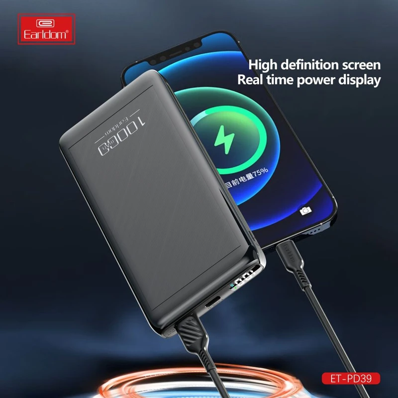 تصویر  پاوربانک ارلدام مدل ET-PD39 ظرفیت 10000 میلی آمپر ساعت